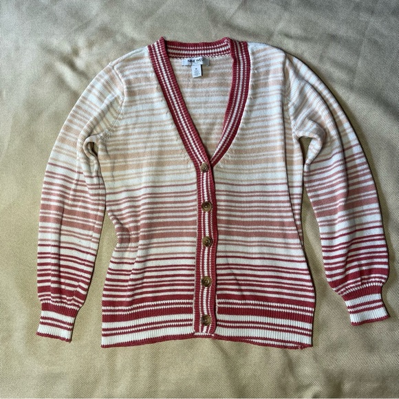 Preppy Striped Sweater Cardigan Classic VNeck Size M Button Front Nine West Fall - Picture 1 of 11